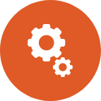 White icons of two gears, one large and one small, are centered on an orange circular background. The image represents settings, configuration, or mechanical processes.