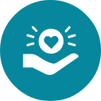 A white icon of a hand holding a heart inside a circle, with rays around the heart, on a teal background.