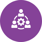 White icon on a purple circle showing three people connected around a gear, symbolizing teamwork, collaboration, or project management.