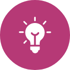 White light bulb icon with rays, symbolizing an idea or creativity, centered on a solid magenta circular background.