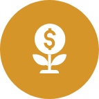 White icon of a plant with two leaves growing from the ground, with a circular sign featuring a dollar symbol above it, centered on a mustard yellow circular background.