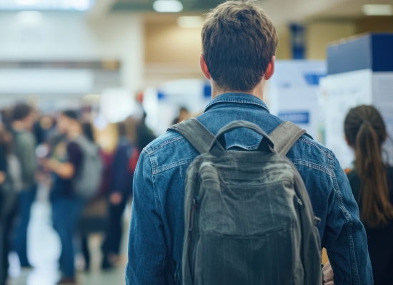 A person wearing a denim jacket and backpack stands indoors, facing away from the camera, looking toward a blurred crowd of people in what appears to be a busy public space or event.