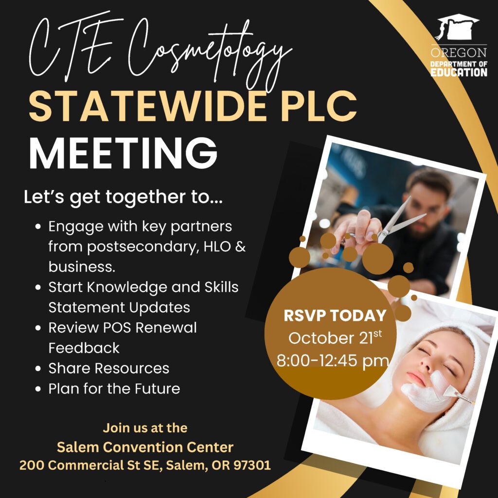CTE Cosmetology Statewide PLC Meeting flyer with details and location.